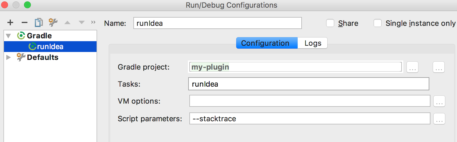 Gradle Run Configuration